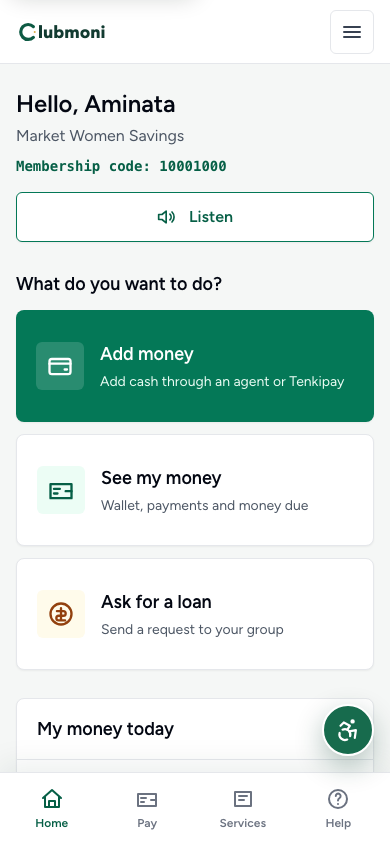 Clubmoni member app showing a membership code and shortcuts for money and loans